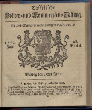 26. Stueck, Montag den 28ten Junii 1762