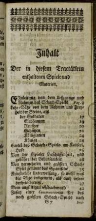 Inhalt Der in diesem Tractätlein enthaltenen Spiele und Materien.