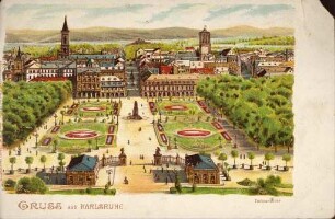 Postkartenalbum. "Gruss aus Karlsruhe". Schlossplatz mit Innenstadt