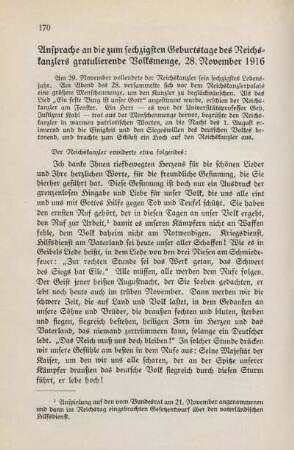 Ansprache an die zum sechzigsten Geburtstage des Reichskanzlers gratulierende Volksmenge, 28. November 1916