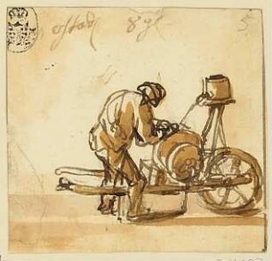 Der Scherenschleifer mit Wagen beim Schleifen