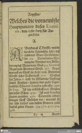 Register, Welches die vornembste Hauptpuncten dieses Examinis, dem Leser kurtz für Augen stellet
