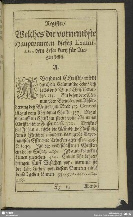 Register, Welches die vornembste Hauptpuncten dieses Examinis, dem Leser kurtz für Augen stellet
