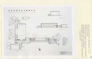 Sportschule, Berlin-Westend (Diplomarbeit bei Kurt Dübbers): Sporthallengebäude, Grundriss und Schnitte 1:200
