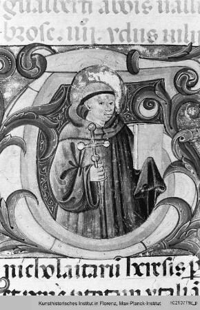 Lektionar in vier Bänden, 3. Buch : Buchseite mit Text und historisierter Initiale T: Heiliger Giovanni Gualberto