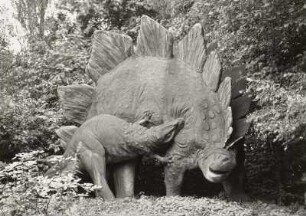 Hamburg, Tierpark Hagenbeck. Urweltlandschaft, Ceratosaurus überfällt Stegosaurus (um 1908, J. F. Pallenberg)