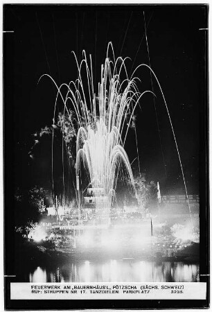 Feuerwerk am Bauernhäusl Pötzscha Ruf: Struppen Nr. 17 Tanzdielen. Parkplatz.