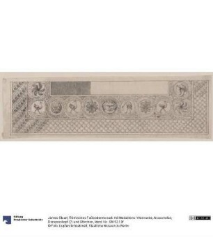 Römisches Fußbodenmosaik mit Medaillons: Weinranke, Alcaschofas, Dionysoskopf (?) und Störchen