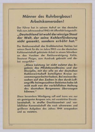 "Männer des Ruhrbergbaus! Arbeitskameraden!"