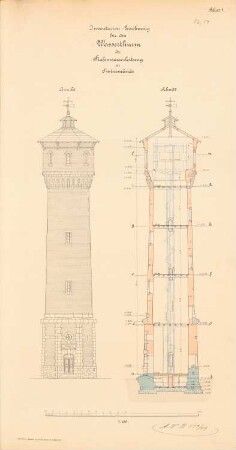 Wasserturm, Swinemünde: Ansicht, Schnitt 1:100
