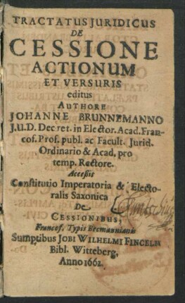 Tractatus Iuridicus De Cessione Actionum Et Versuris