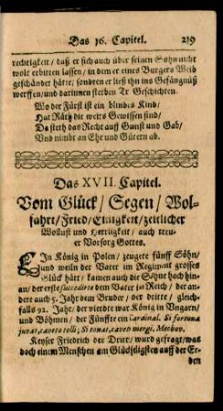 Das XVII. Capitel. Vom Glück/ Segen/ Wolfahrt/ Fried/ Einigkeit/ zeitlicher Wollust und Herrligkeit/ auch treuer Vorsorg Gottes.