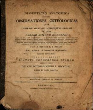 Diss. anat. sistens observationes osteologicas : cum 2 tab. aen.