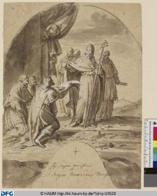 Drei kniende Männer überreichen Papst Sergius I. ein Manuskript (?)