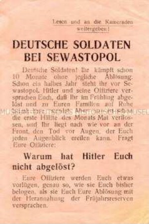 Sowjetisches Abwurf-Flugblatt zur Schlacht auf der Krim (mit Passierschein).