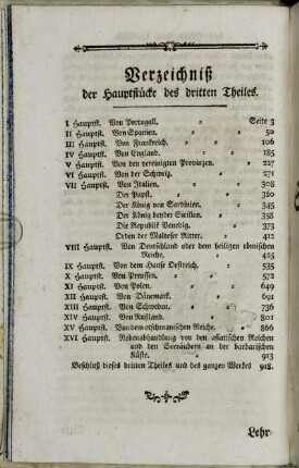 Verzeichniß der Hauptstücke des dritten Theiles