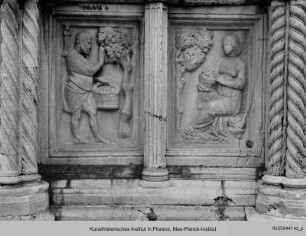 Fontana Maggiore : Unteres Becken mit Darstellungen aus dem Alten Testament, der Artes mechanicae, der Sieben Freien Künste und Monatsdarstellungen : Allegorische Monatsdarstellung des August mit Tierkreiszeichen Jungfrau