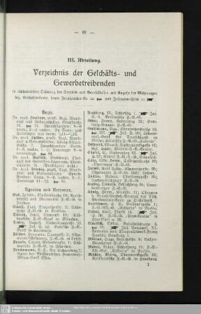 III. Abteilung. Berufsklassen und Gewerbebetriebe : III. Abteilung. Verzeichnis der Geschäfts- und Gewerbetreibenden