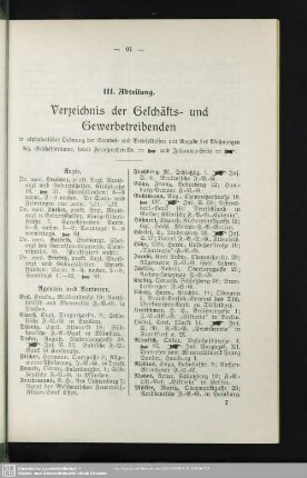 III. Abteilung. Berufsklassen und Gewerbebetriebe : III. Abteilung. Verzeichnis der Geschäfts- und Gewerbetreibenden