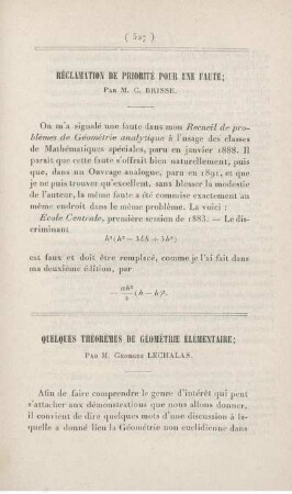 Quelques théorèmes de géométrie élémentaire.