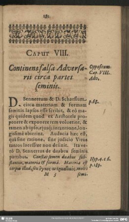 Caput VIII. Continens falsa Adversarii circa partes seminis