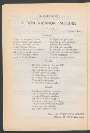A Don Nicanor Paredes : Milonga. - Editorial Pigal