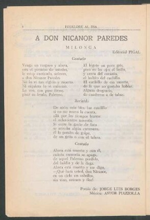 A Don Nicanor Paredes : Milonga. - Editorial Pigal
