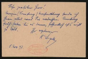 Postkarte an Richard Sternfeld : 05.11.1897