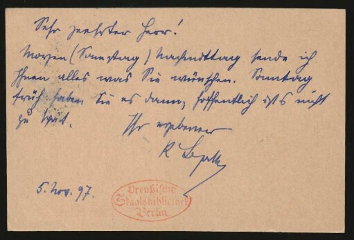 Postkarte an Richard Sternfeld : 05.11.1897