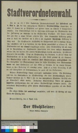 Bekanntmachung zur Abgabe von Wahlvorschlägen für Stadtverordnetenwahl der Stadt Braunschweig am 29. Mai 1921