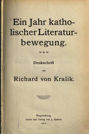 Ein Jahr katholischer Literaturbewegung : Denkschrift