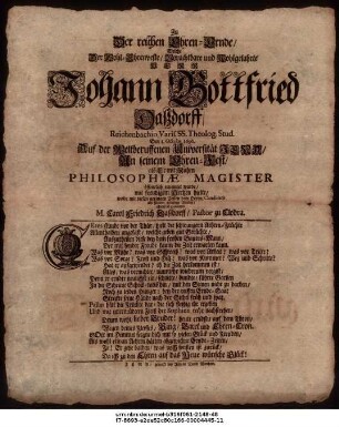 Zu Der reichen Ehren-Ernde/ Der Wohl-Ehrenveste/ Vorachtbare und Wohlgelahrte Johann Gottfried Daßdorff/ Reichenbachio Varis. SS. Theolog. Stud. Den 1. Octobr. 1696. Auf der Weltberuffenen Universität Jena/ An seinem Ehren-Fest/ als Er mit Ruhm Philosophiae Magister öffentlich ernennet wurde/ mit freudigem Hertzen hielte