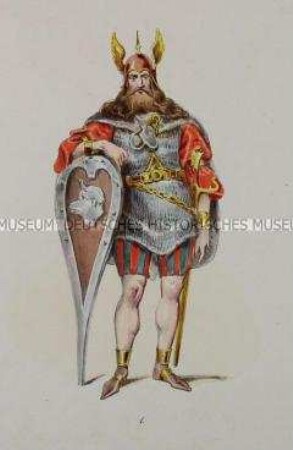 Mann mit wallendem Bart in martialischem Kostüm mit Flügelschmuck am Helm - Tafel aus Franceschini/Neue Kostümsammlung (Kassette 3)