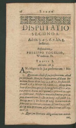Disputatio Secunda. Respondente Philippo Vogelio