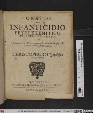 Oratio De Infanticidio Bethlehemitico : Pii Exercitii Gratia
