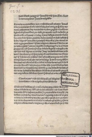 Panegyricus in memoriam sancti Johannis evangelistae : mit Widmungsvorrede des Autors an Papst Innocentius VIII.