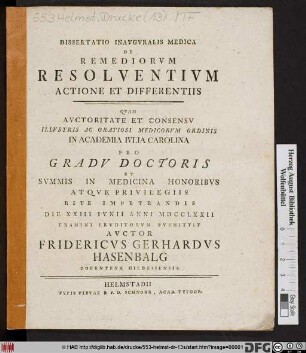 Dissertatio Inavgvralis Medica De Remediorvm Resolventivm Actione Et Differentiis