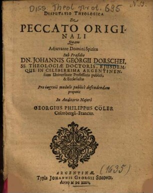 Disputatio Theologica De Peccato Originali