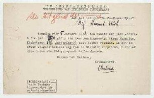 Mitgliedsbescheinigung von Hannah Höch für De Onafhankelijken Vereeniging van Beeldende Kunstenaars, Amsterdam