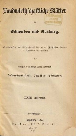 Landwirtschaftliche Blätter für Schwaben und Neuburg. 23. 1884