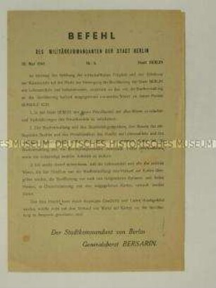 Flugschrift mit dem Befehl Nr. 3 des Militärkommandanten von Berlin zum Handel mit Lebensmitteln (deutsch und russisch)