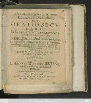 Ecclesia Et Academia Lipsiensis Lutherano-Evangelica; Hoc est, Oratio Secularis In Iubilaeo Ecclesiae Et Academiae Lipsiensis