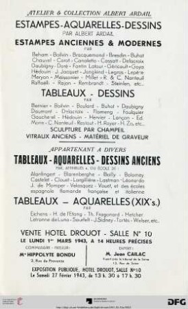 Atelier & collection Albert Ardail : estampes, aquarelles, dessins par Albert Ardail ; estampes anciennes & modernes par Beham ... ; tableaux, dessins par Bernier ... ; sculpture par Champeil, vitraux anciens, matériel de graveur