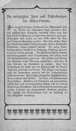 Die wichtigsten Ziele und Bestrebungen des Alster-Vereins.