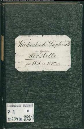 Kirchenbuchduplikat der katholischen Gemeinde Herstelle, Kreis Höxter (GHT 1831-1840) (Gemeinde: katholische Gemeinde Herstelle)