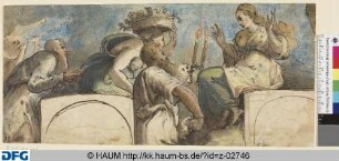 Sitzende Frau, der von Landleuten Gaben gebracht werden