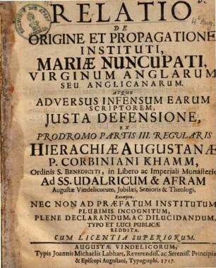 Relatio de origine et propagatione instituti Mariae nuncupati, virginum Anglarum, seu Anglicanarum