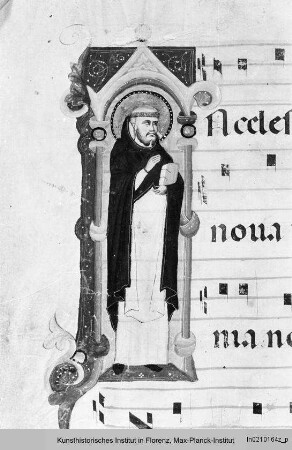 Textseite mit vierzeiligen Neumen und einer historisierten Initiale (I): Dominikus - Sequentiae et hymni