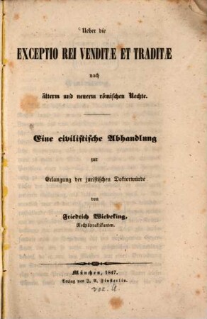 Ueber die exceptio rei venditae et traditae nach älterm und neuerm römischen Rechte : eine civilistische Abhandlung