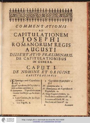 COMMENTATIONIS AD CAPITULATIONEM JOSEPHI ROMANORUM REGIS AUGUSTI DISSERTATIO PRAELIMINARIS, ...